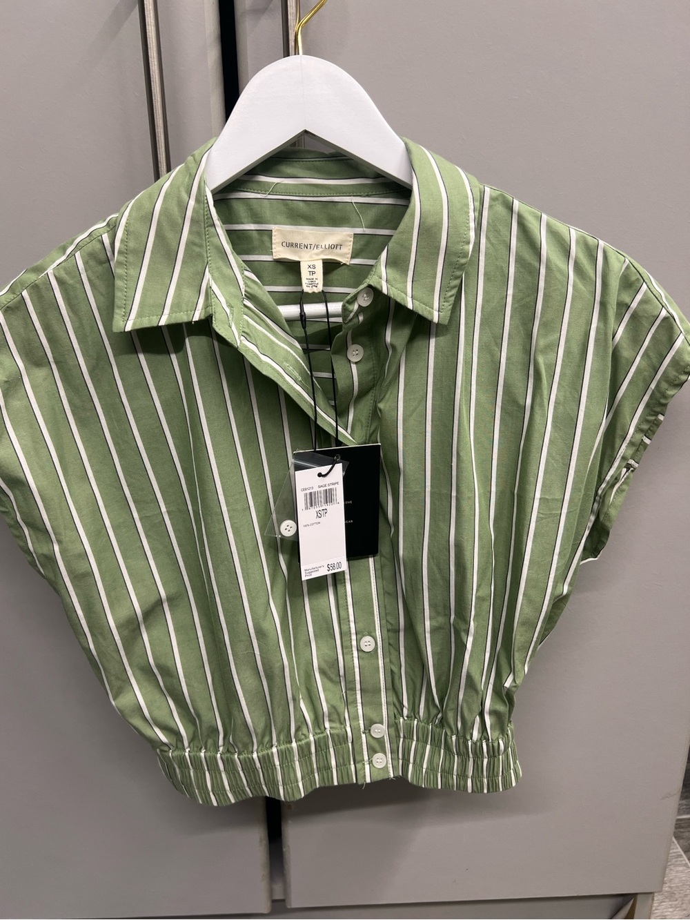 Current/Elliott Green and White Striped Cropped Button-Up Shirt